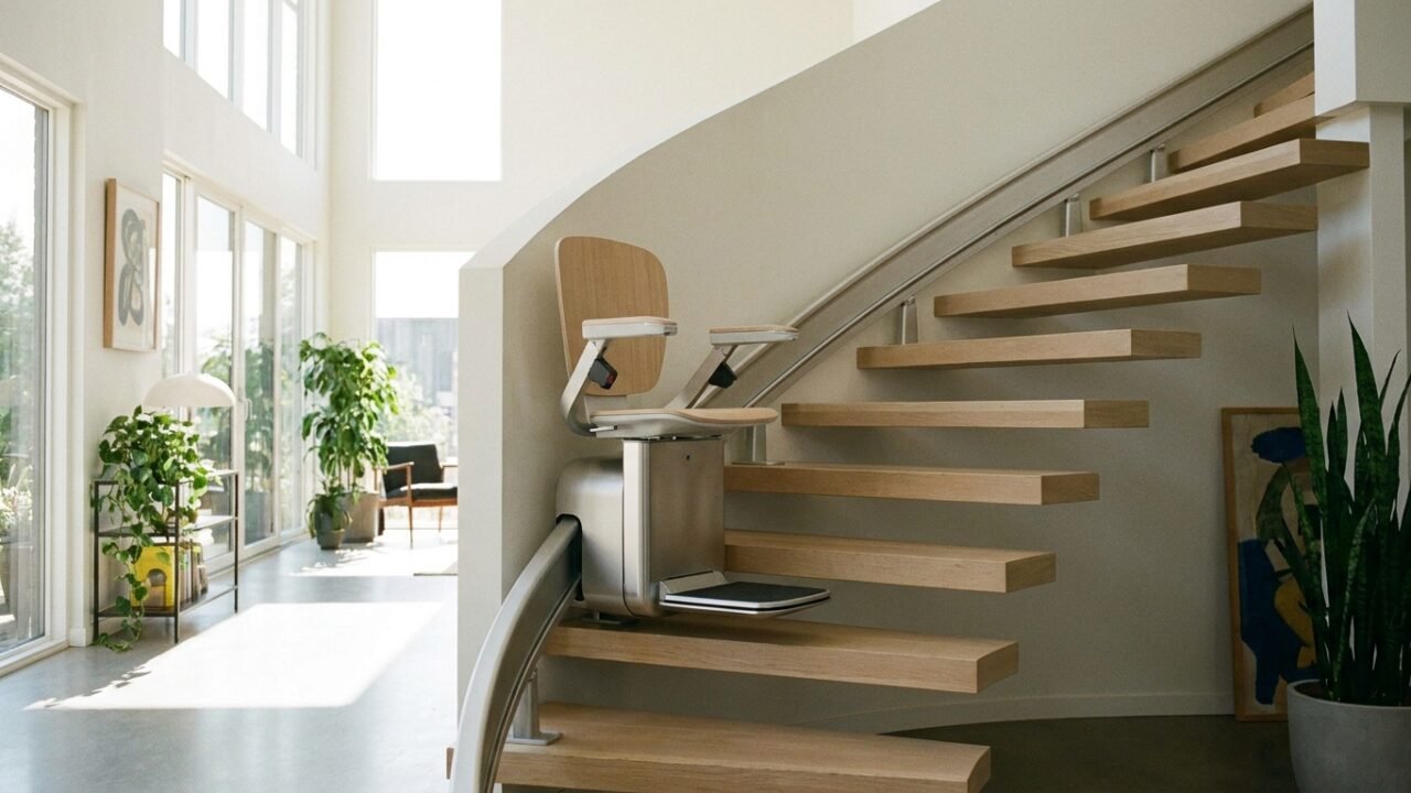 Monte-escalier moderne sur un escalier tournant, maison lumineuse