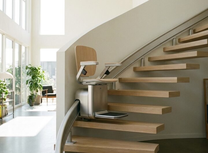 Monte-escalier moderne sur un escalier tournant, maison lumineuse