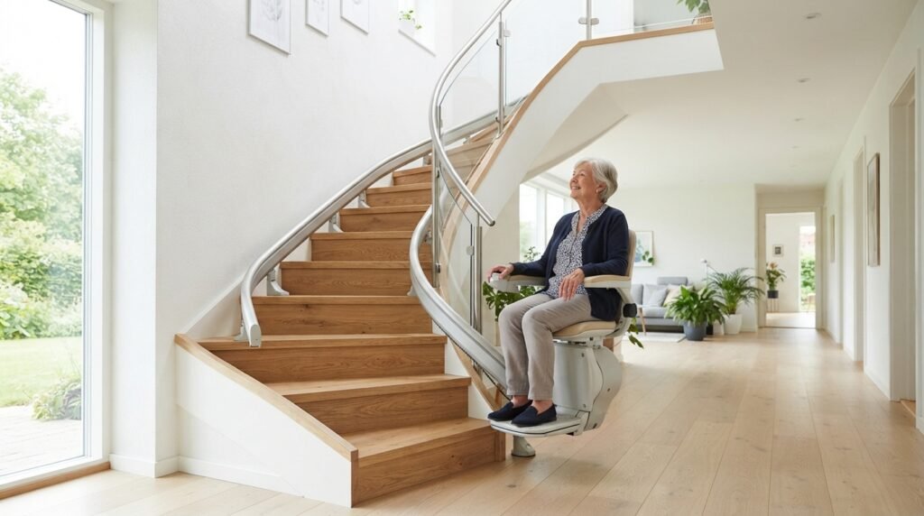 Monte-escalier moderne sur un escalier tournant, maison lumineuse