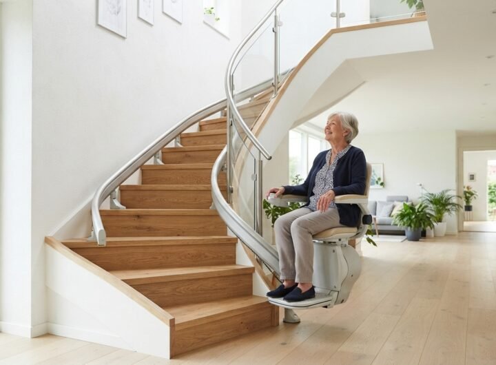 Monte-escalier moderne sur un escalier tournant, maison lumineuse